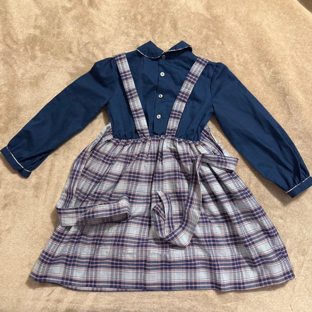 Polly Flinders Vintage Navy Plaid Hand Smocked Dress Girls 6X